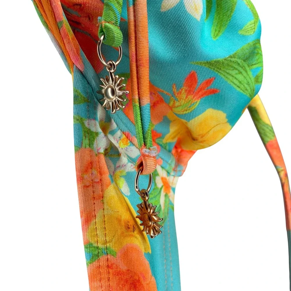 KULANI KINIS Bikini Top Teal Floral Ruched Sun Charm‎ Women's Size Large